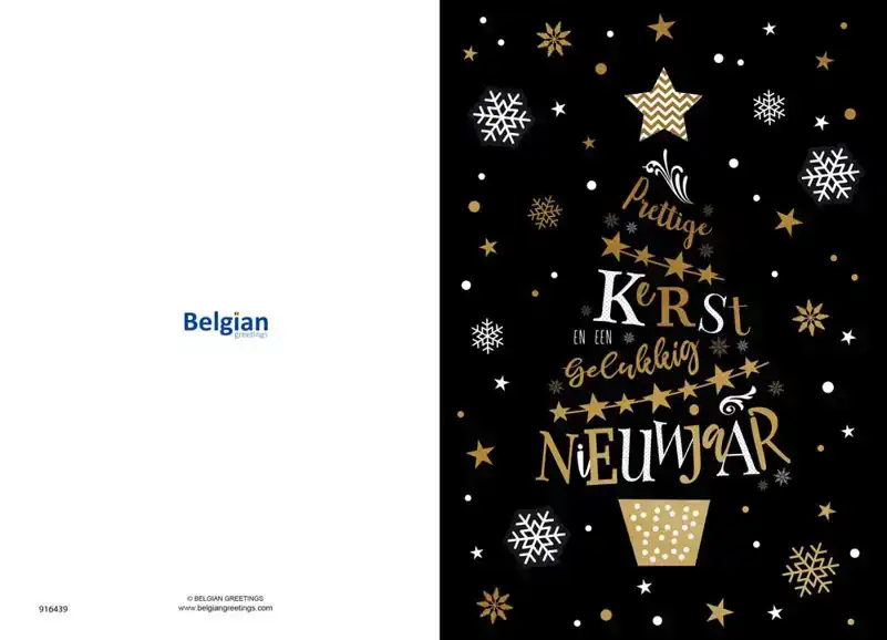 Kerstkaart 2025 feestdagen wit zwart goud/ kerst boom tekst