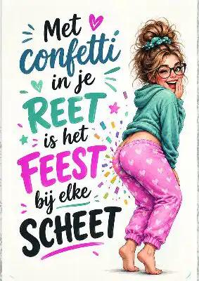 Spreukenbordje: Met confetti in je reet...