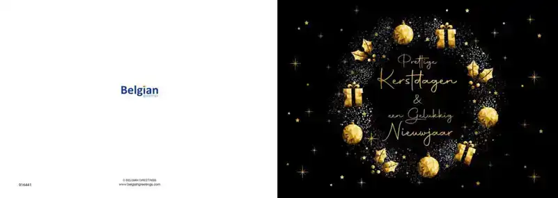 Kerstkaart 2025 zwart goud ballen en cadeautjes