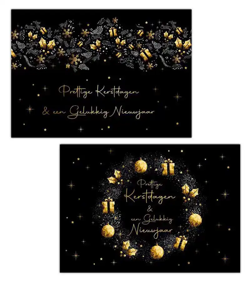 Kerstkaart 2025 zwart goud ballen en cadeautjes