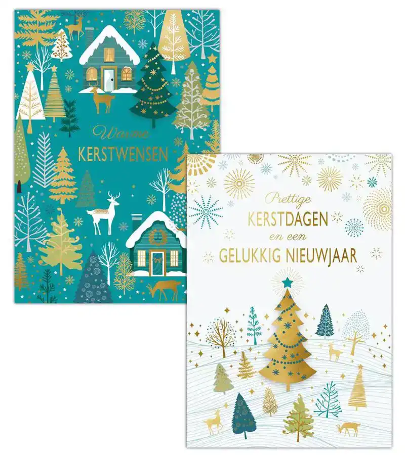 Kerstkaart 2025 kerstdagen wit bomen vuurwerk/ kerstbomen huisjes hertjes