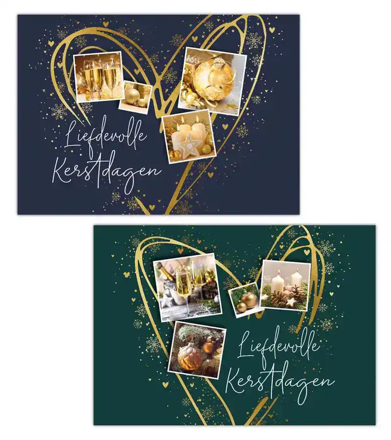 Kerstkaart 2025 kerstdagen 4 afbeeldingen blauw en groen