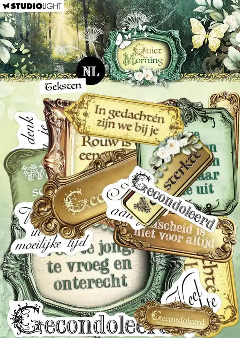 Quiet Morning paper elements met teksten in het Nederlands.