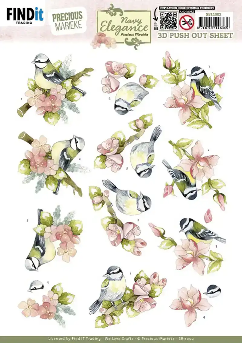 3D Pushout Sheet Precious Marieke Navy Elegance Flower Bird