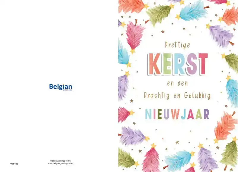 Kerstkaart 2025 Prettige kerst gekleurde bomen