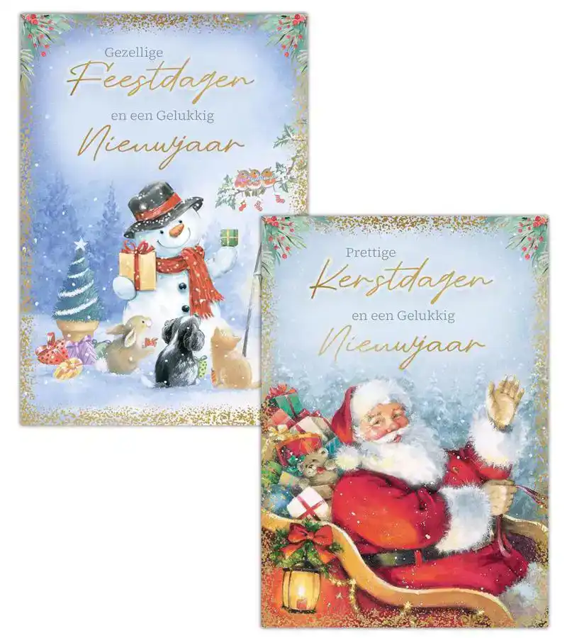 Kerstkaart 2025 feestdagen sneeuwpop/ kerstdagen kerstman in slee