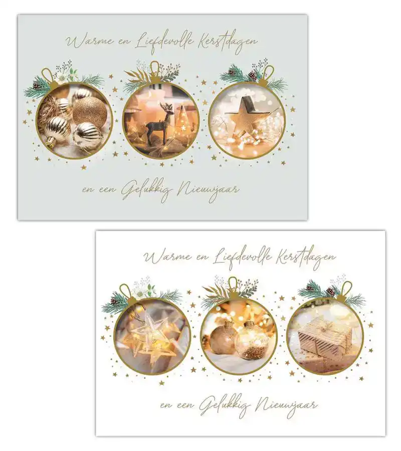 Kerstkaart 2025 kerstdagen 3 ballen met foto