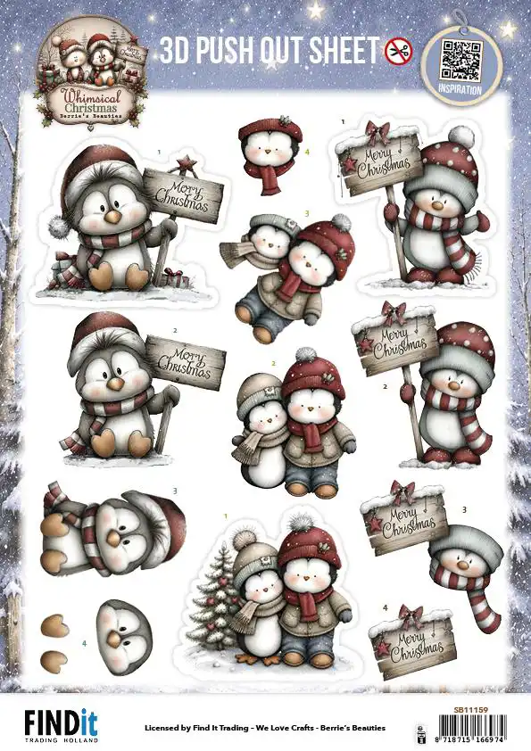 3D Pushout Sheet Berries Beauties Whimsical Christmas Penguins