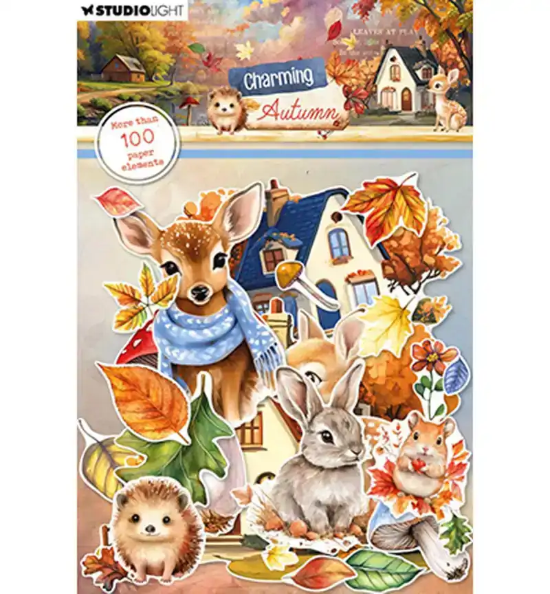Paper elements leaves, animals en houses charming autumn