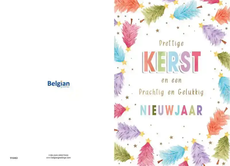 Kerstkaart 2025 Prettige kerst gekleurde bomen