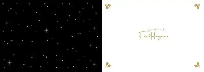 Kerstkaart 2025 zwart goud ballen en cadeautjes