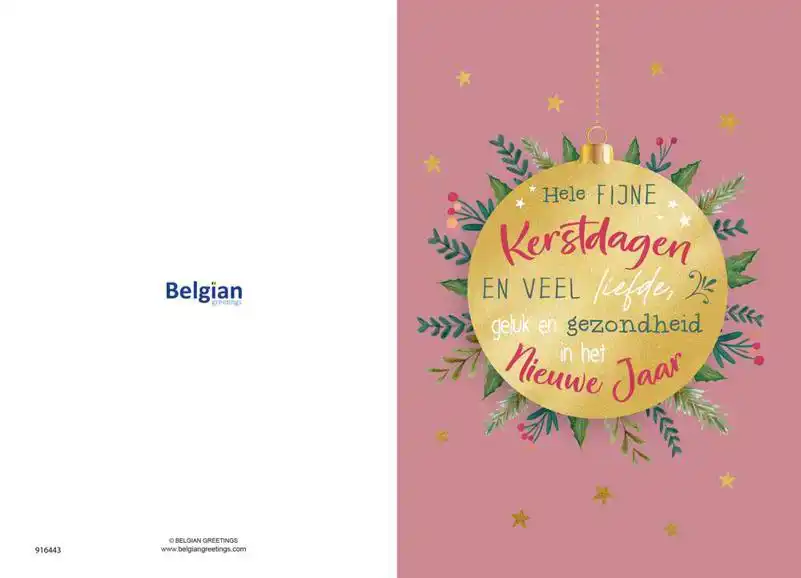 Kerstkaart 2025 kerstdagen groen boom/ kerstdagen roze kerstbal