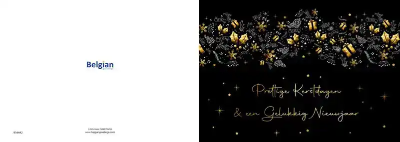 Kerstkaart 2025 zwart goud ballen en cadeautjes