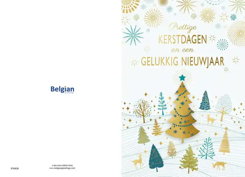 Kerstkaart 2025 kerstdagen wit bomen vuurwerk/ kerstbomen huisjes hertjes