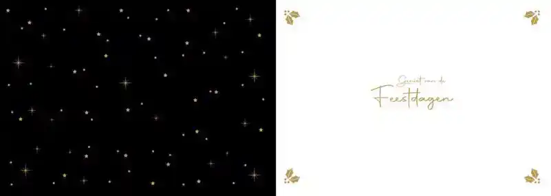 Kerstkaart 2025 zwart goud ballen en cadeautjes